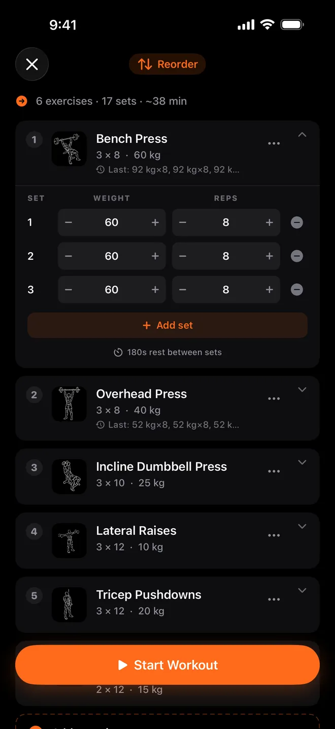 The pre-start editor: sets, weights and reps for each exercise before you begin