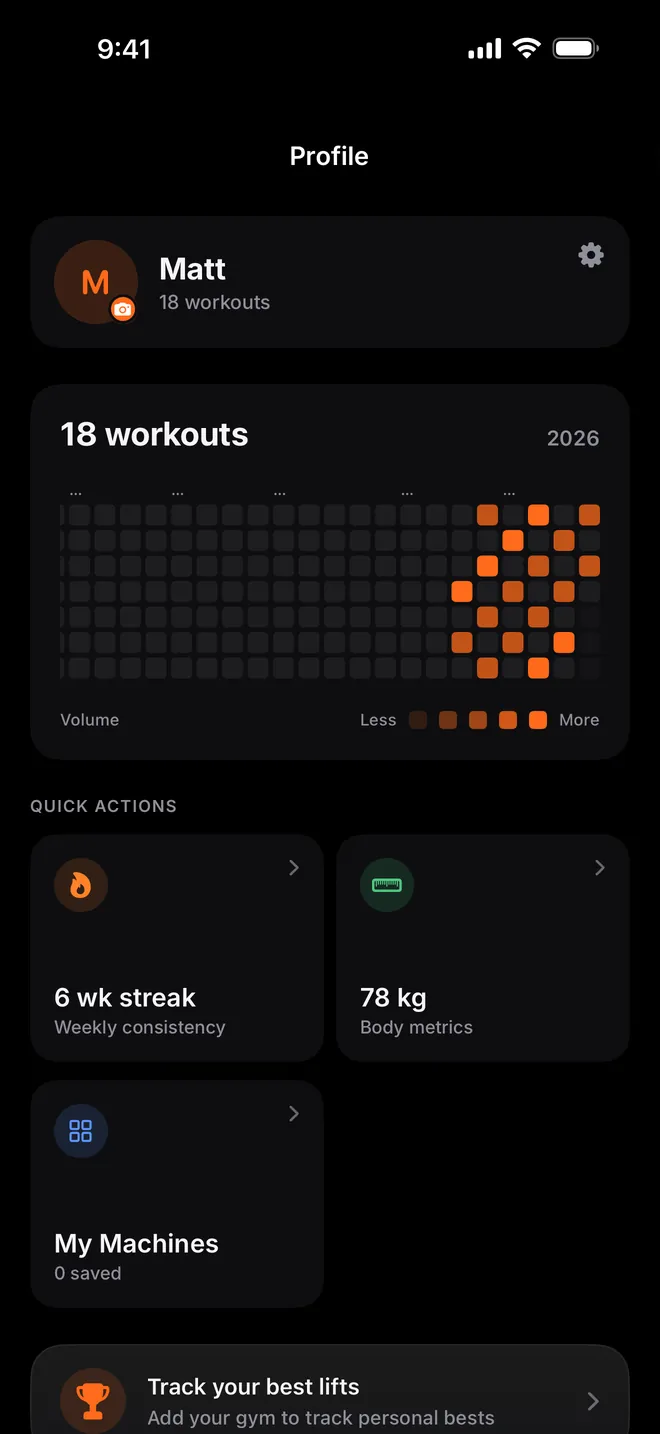 Profile: a year of workouts on a heatmap and a six-week streak